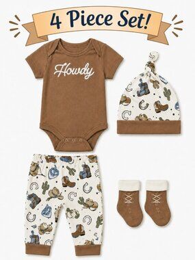 NWT Baby Essentials 4 Piece Baby Boy Outfit Set Size 6 Months Howdy Western